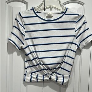 Gaze Girls Striped Knot-Front Top - White and Blue- Size L